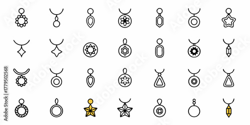 Collection of outline style necklaces and pendants with various geometric and floral designs displayed neatly