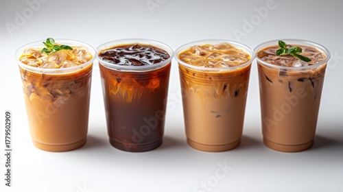 Wallpaper Mural Four iced drinks in clear plastic cups lined up on a white surface Torontodigital.ca