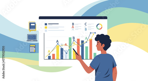 Business Analyst Presenting Financial Data Visuals On A Digital Screen To Display Results