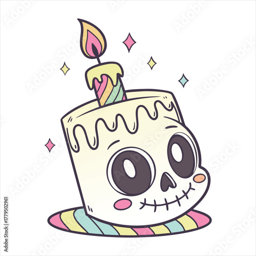 Whimsical skull shaped cake with burning candle and rainbow base