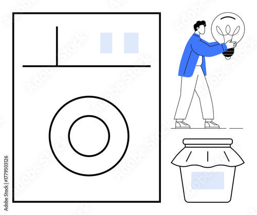 Person carrying lightbulb represents creativity beside washing machine and jar. Ideal for energy efficiency, innovation, sustainability, household solutions, eco-friendly concepts, creative ideas