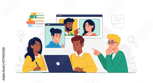 Collaborative Team Engaged In Digital Conferencing And Research, Sharing Ideas Online