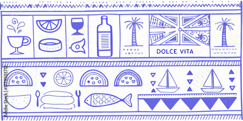 Whimsical blue doodle art featuring italian summer icons and dolce vita text