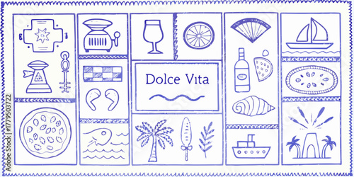 Whimsical hand drawn italian icons and symbols representing dolce vita lifestyle