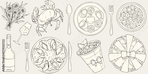 Elegant line art illustration of a seafood feast with wine and flowers