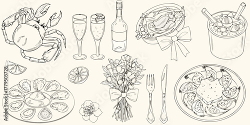 Elegant hand drawn sketch of a celebratory meal with seafood champagne and flowers