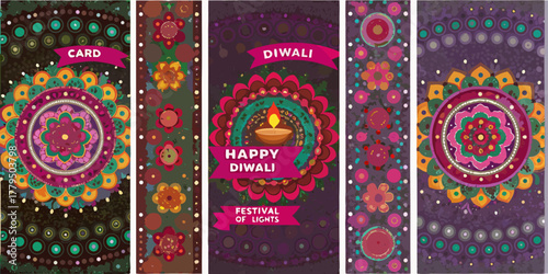 Happy diwali festival of lights card with traditional indian mandala art and diya oil lamp