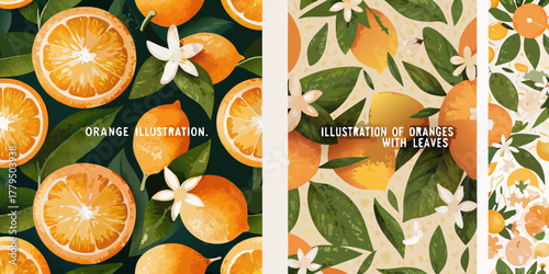 Vibrant orange citrus fruits and blossoms with green leaves seamless pattern illustration