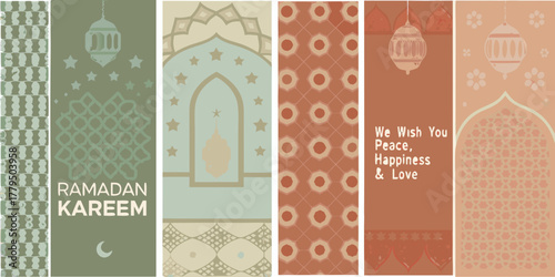 Ramadan kareem greeting with islamic patterns lanterns and stars in pastel colors