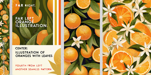 Vibrant orange fruit illustrations with leaves and blossoms in a seamless pattern design