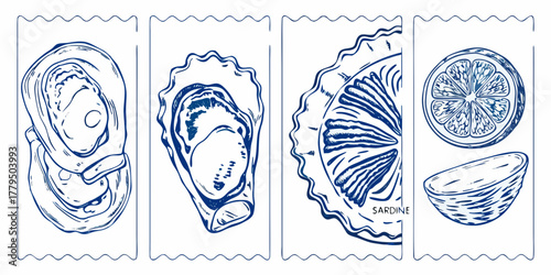 Hand drawn blue ink illustrations of oysters sardine and lemon slices on white background