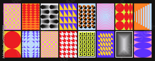 Abstract geometric posters. Minimal geometry backgrounds with modern basic simple shapes and forms, contemporary art print bauhaus swiss style. Vector banners set