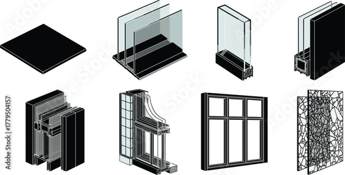 Glass types illustration, window assembly cross-sections, laminated and triple glazing, architectural materials, construction detail, vector diagram, building design