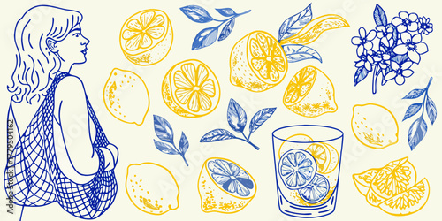 Woman carrying a bag of lemons with scattered lemons leaves and a glass of lemonade in a hand drawn style