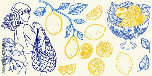 Stylized illustration of a woman holding a mesh bag with lemons and leaves in yellow and blue colors on a cream background