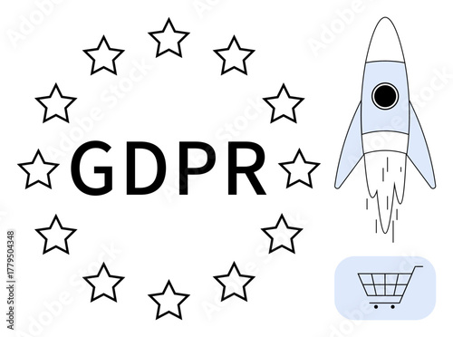 Central GDPR text surrounded by stars, rocket launching beside, shopping cart icon below. Ideal for data privacy, regulation, online business, cybersecurity, e-commerce, growth strategy simple flat