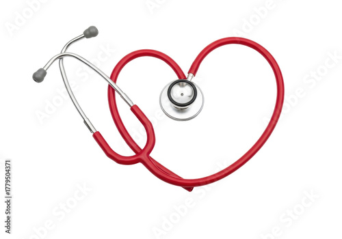 Red stethoscope forming a heart shape isolated PNG, medical equipment for healthcare and cardiology on transparent background