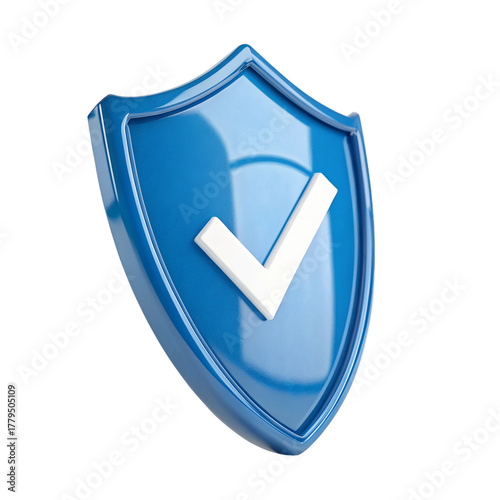 3D Glossy blue shield with white checkmark symbol for security protection isolated on a transparent background.