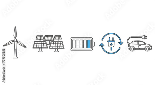 Illustration depicting renewable energy sources including wind turbine, solar panels, battery, charging plug, and electric car