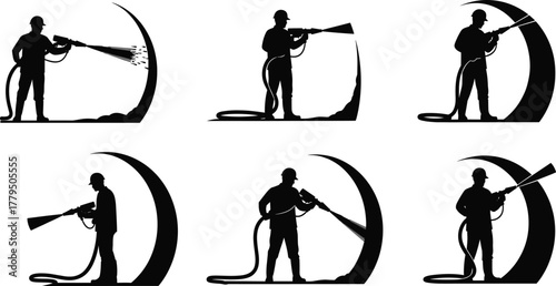 Silhouette workers using pressure washer, industrial cleaning, spray gun technique, protective gear, curved surface treatment, vector illustration, black icons