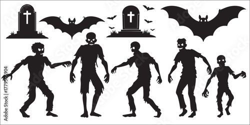 Zombie and Graveyard Horror Silhouettes on White Background Vector Fully Editable Smart Object Text Effect