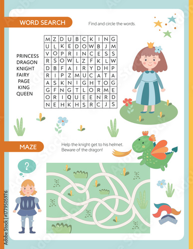 Pages for a children's activity book. The theme is a fairytale kingdom. Maze, word search. Fun activities for preschool children. Kids book kingdom theme. Vector illustration.
