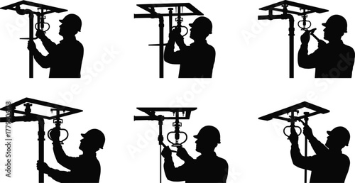 Silhouettes of technician working, mounted device operation, maintenance poses, electrical inspection, vertical equipment handling, industrial job, black illustrations