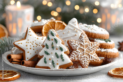Christmas gingerbread cookies with icing and dried oranges on plate