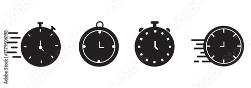 Fast response time clock vector symbol. quick, rush or faster work service Vector work time effect or delivery service time icon. Fast stopwatch icon with motion lines, representing speed