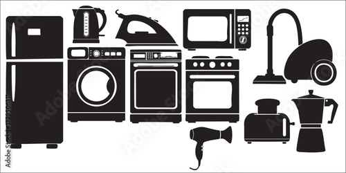Home Kitchen Appliance White Goods Silhouettes on White Background Vector Fully Editable Smart Object Text Effect