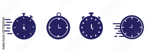 Fast response time clock vector symbol. quick, rush or faster work service Vector work time effect or delivery service time icon. Fast stopwatch icon with motion lines, representing speed