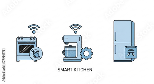 Smart kitchen appliances internet of things and home automation concept modern technology for cooking, coffee making, and food storage