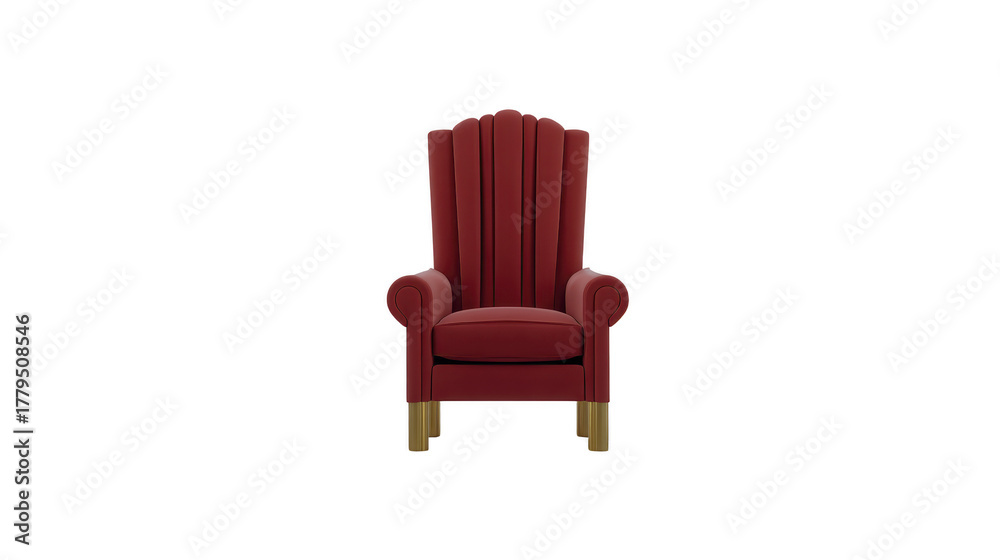 Fototapeta premium Red armchair velvet upholstery gold legs classic design comfortable seating living room furniture elegant style luxury isolated on transparency background