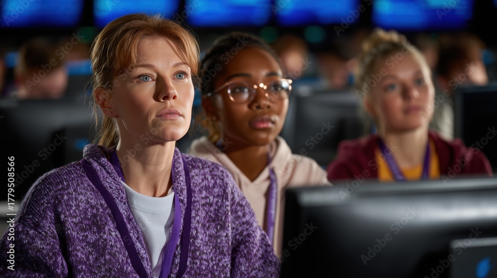 Fototapeta premium Three individuals engrossed, eyes focused on computer screens. They exude concentration and engagement