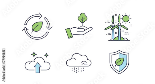 Collection of colorful vector icons representing environmental sustainability, renewable energy, and ecofriendly practices