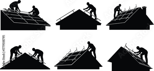 Solar panel installation silhouettes, rooftop workers, renewable energy, green technology, sustainable power, technician tools, eco-friendly construction, clean energy, solar workforce