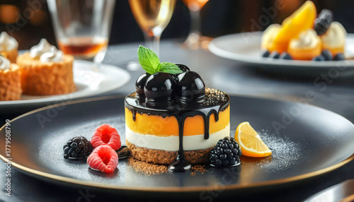 Gourmet layered dessert with dark chocolate glaze fresh berries and citrus garnish served on a dark plate