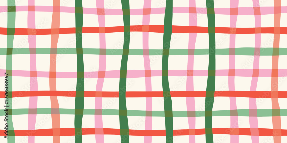 Fototapeta premium Hand drawn plaid pattern with pink green and coral stripes on cream background