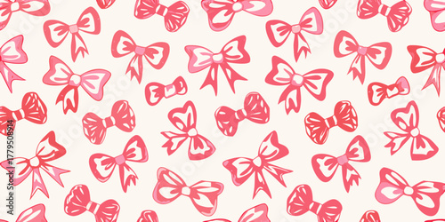 A seamless pattern of hand drawn pink bows on a light cream background