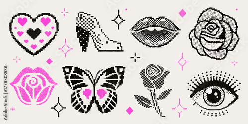Pixelated retro icons collection featuring hearts lips rose butterfly high heel shoe and eye