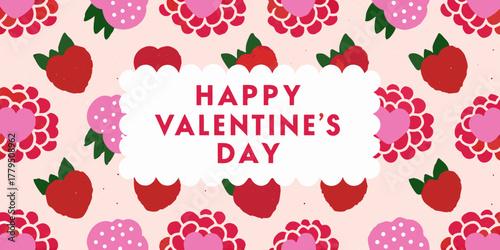 Happy valentines day greeting card with cute strawberry and raspberry pattern