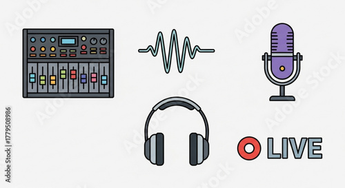 Colorful podcasting and live streaming icons, including a mixing console, sound wave, microphone, headphones, and the word live