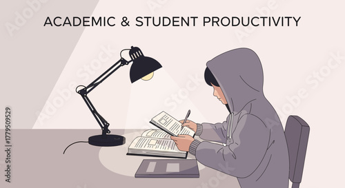 Focused Student Studying With Books And Lamp, Demonstrating Academic Persistence And Diligence