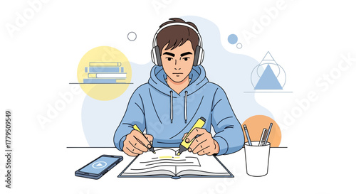 Focused Student Studying With Headphones And Writing While Absorbing Information And Modern Learning