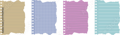 Set of colorful torn notebook paper sheets with lines and grids. Blank ripped pages in pastel tones for scrapbook, school, or stationery design. Decorative note paper background illustration.