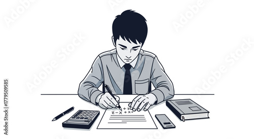 Focused Student Working On Equation Problem With Calculator Pen And Notepad