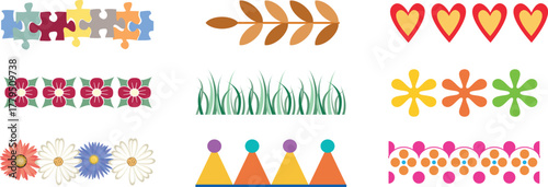 Colorful decorative border set with flowers, hearts, leaves, grass, and puzzle patterns. Fun playful design for scrapbook, craft, or children’s artwork. Cute seamless ornament collection illustration.