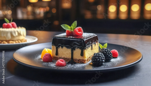 Decadent chocolate drizzled cheesecake topped with fresh raspberries and mint served on a dark plate