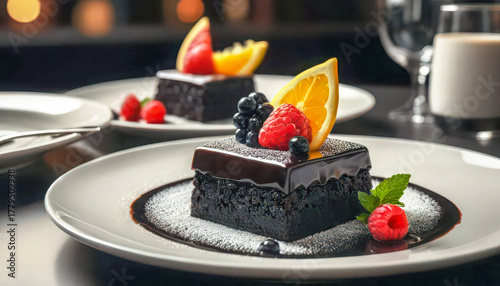 Decadent dark chocolate cake squares topped with fresh berries and citrus slices served on elegant plates