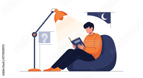 Illustration Of Person Reading Book, Sitting On A Beanbag, Night Lamp Focused